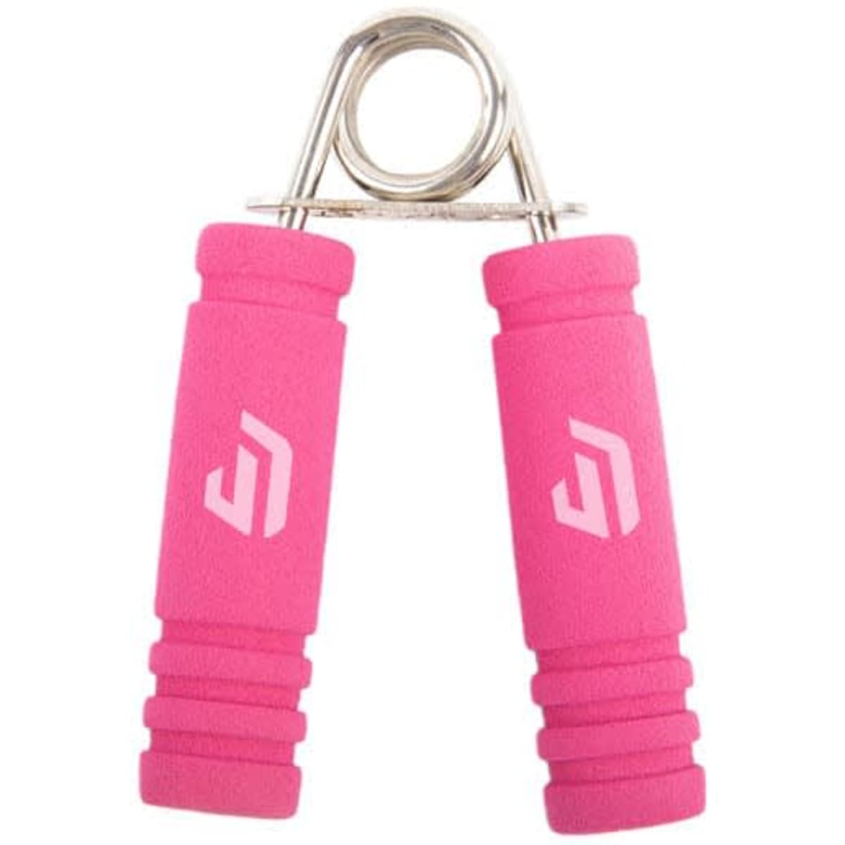 A pink hand grip strengthener with foam handles, featuring a metal spring in the centre.