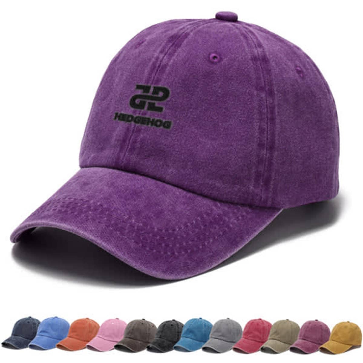 A purple washed baseball cap with an embroidered logo, displayed alongside various other colour options.