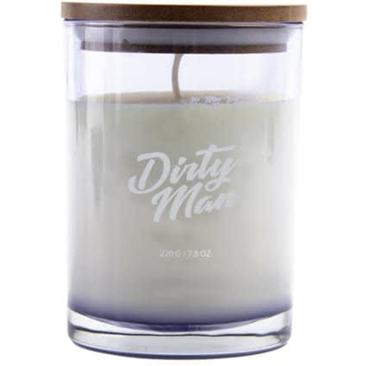 A glass candle with a wooden lid, featuring a white and purple gradient design and a decorative logo.