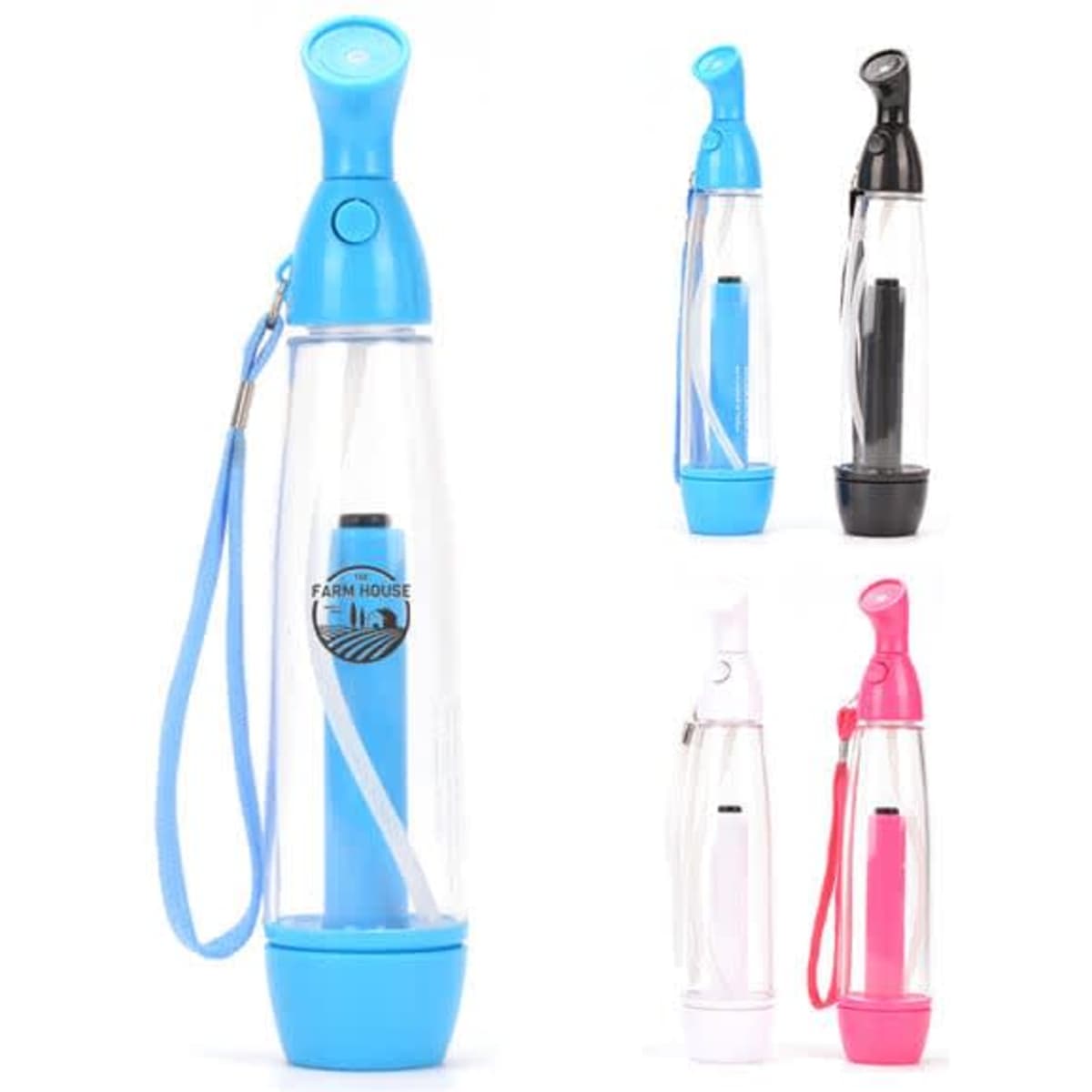 A mini personal spray mister in blue, black, pink, and white, featuring a logo and a wrist strap.