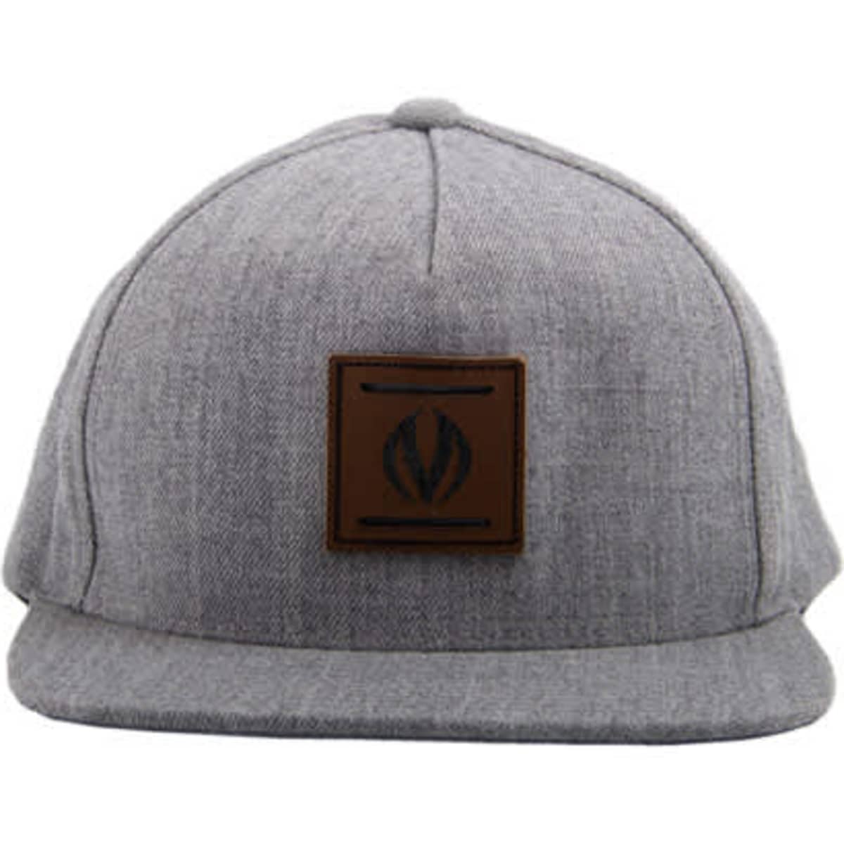 A grey snapback hat with a square patch featuring a logo on the front.