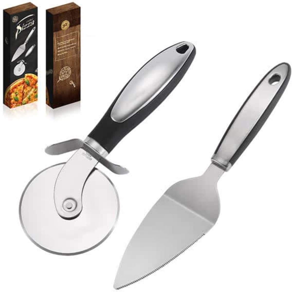 A silver pizza cutter with a black handle and a stainless steel server shovel, displayed with packaging in the background.