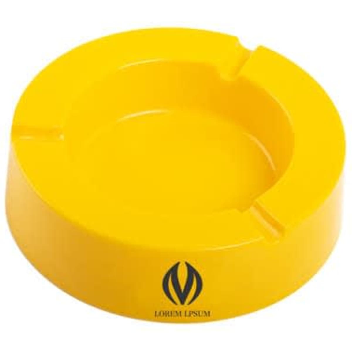 A round plastic ashtray in bright yellow, featuring a logo on its surface.