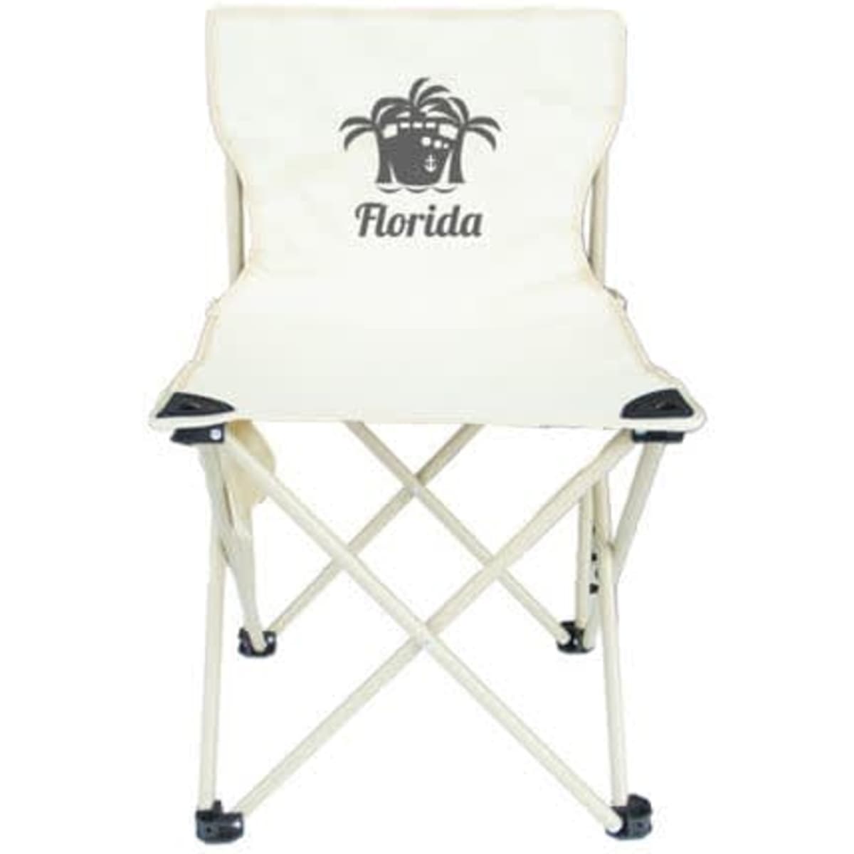 A cream outdoor folding chair with a logo featuring palm trees and the word "Florida." It includes a carrying bag.