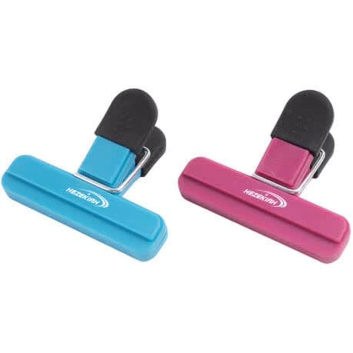 A set of two large plastic chip bag clips in turquoise and pink, featuring a black handle and branding.