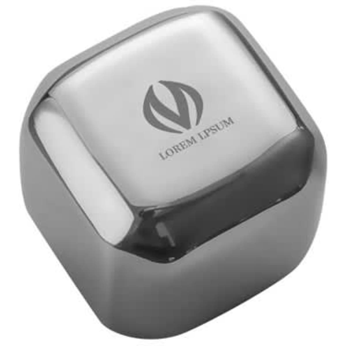 A stainless steel whiskey ice stone in a sleek, shiny finish, featuring a logo on its surface.