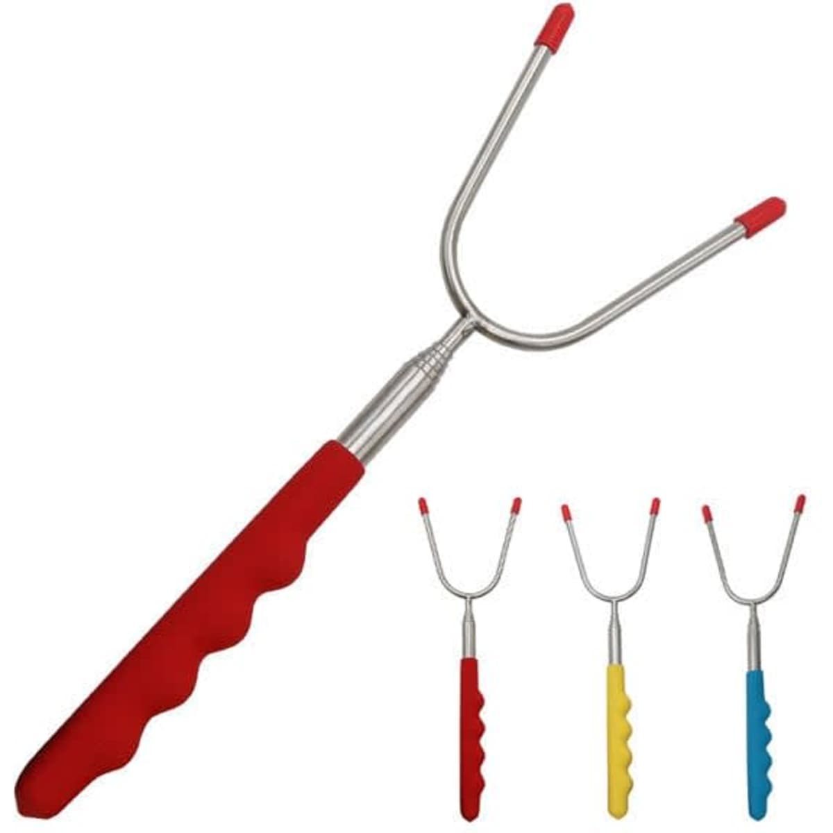 A U-shaped telescopic BBQ fork with a red PVC handle, featuring three additional handles in blue, yellow, and green.