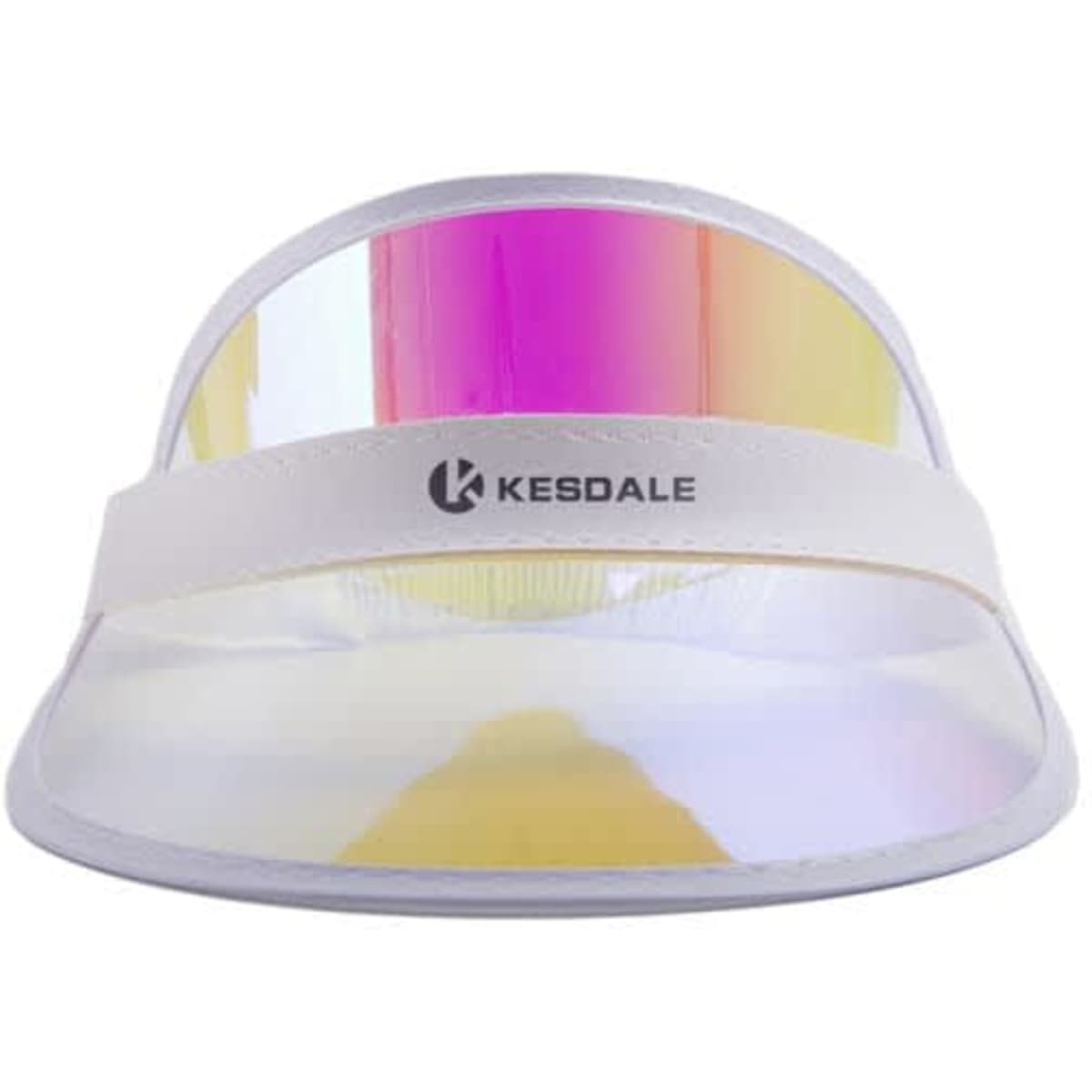 A custom laser PVC empty top hat visor in white with a reflective, iridescent front panel and a branding logo.