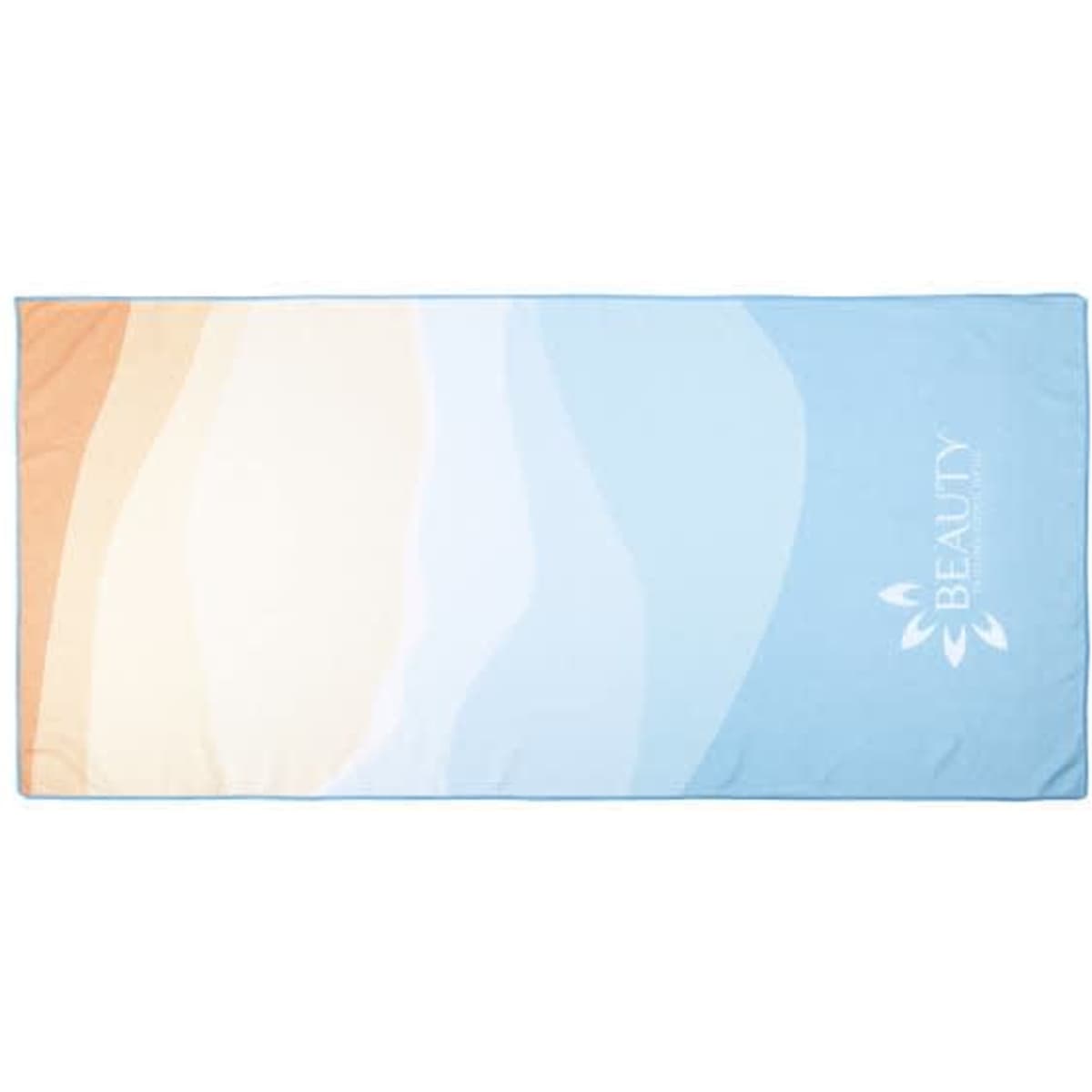 A full-colour print beach towel in shades of blue and orange, featuring a logo on the side.