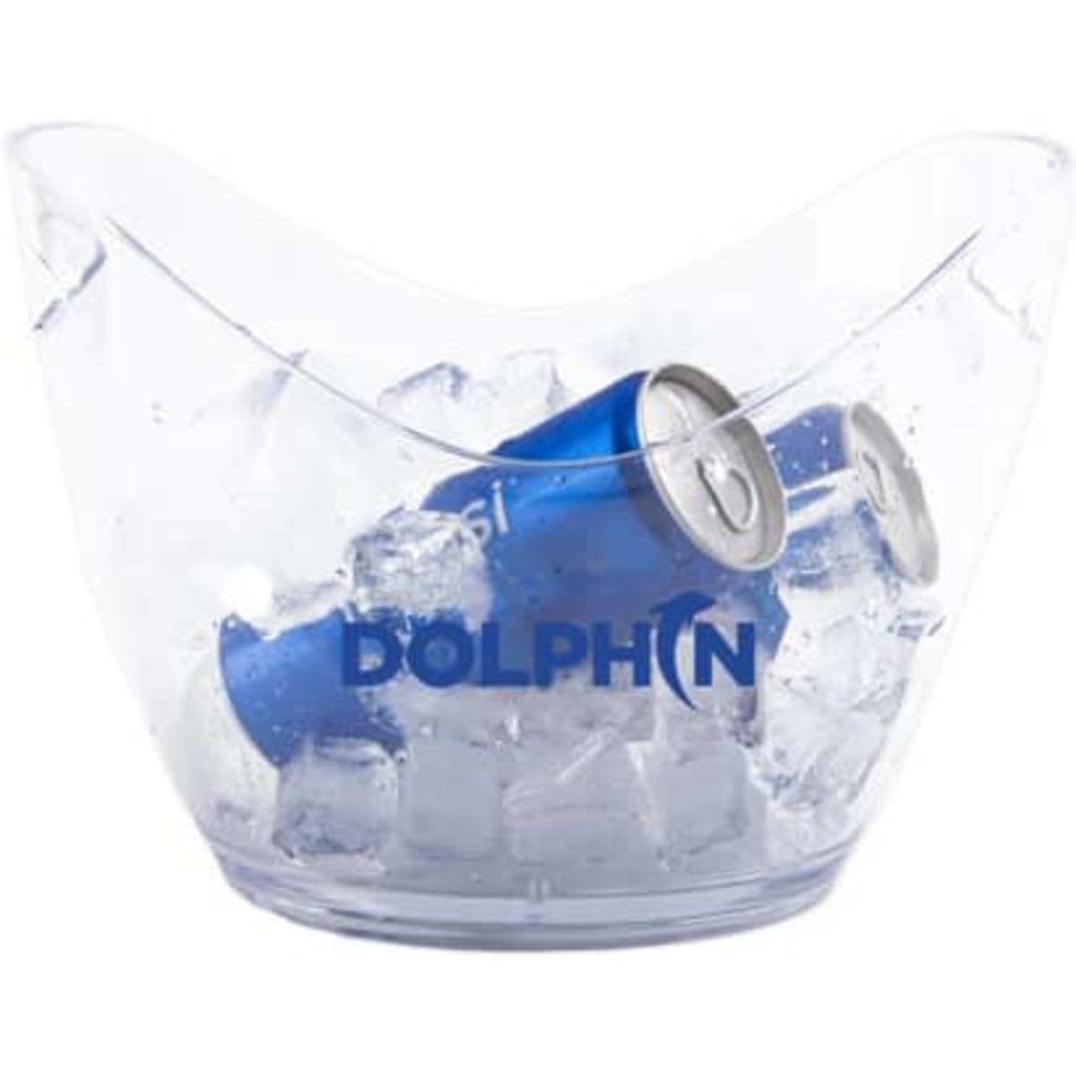 A clear ingot-shaped ice bucket filled with ice and blue drink cans, featuring a logo on the side.