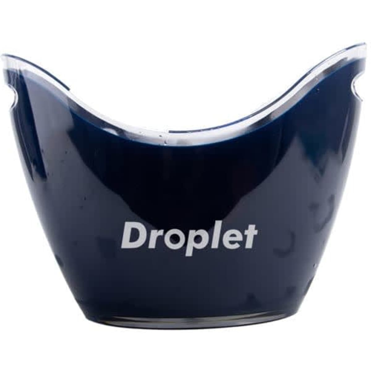 A navy blue ingot-shaped ice bucket with a glossy finish and a logo on the front.