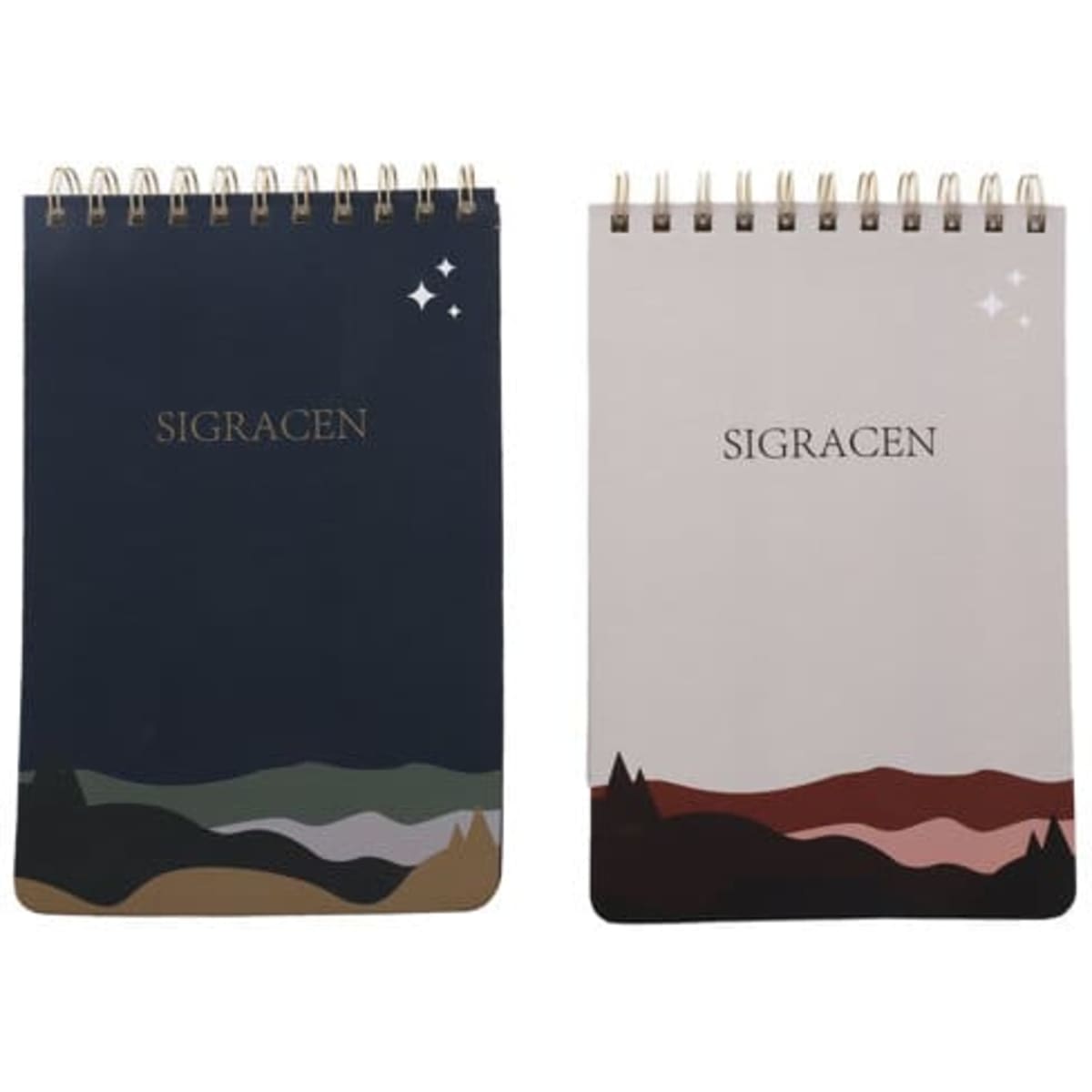 Two top bound spiral notebooks in navy blue and light grey, featuring abstract mountain designs and a logo.