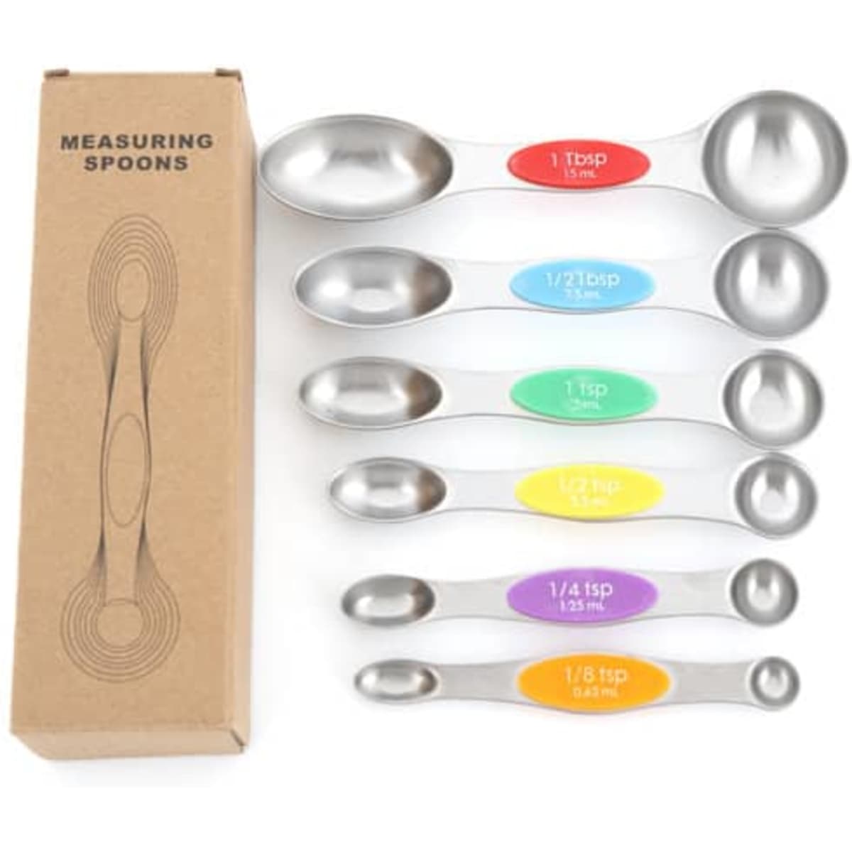 A stainless steel double-ended measuring spoon set in various colours, packaged in a cardboard box.