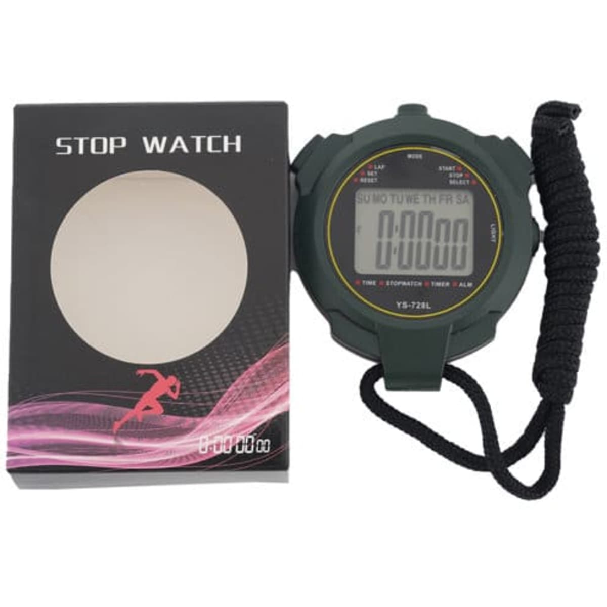 A green sports stopwatch timer displayed alongside its packaging. The stopwatch features a digital screen and a wrist strap.