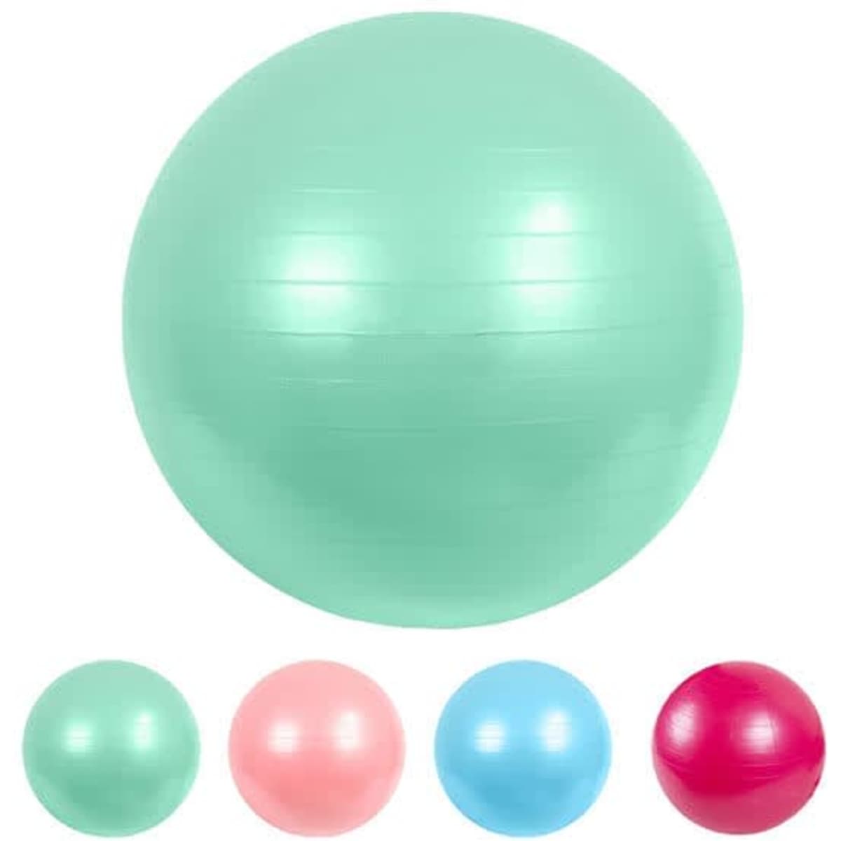 A set of four PVC yoga fitness balls in mint green, pink, light blue, and red. Each ball has a shiny surface.