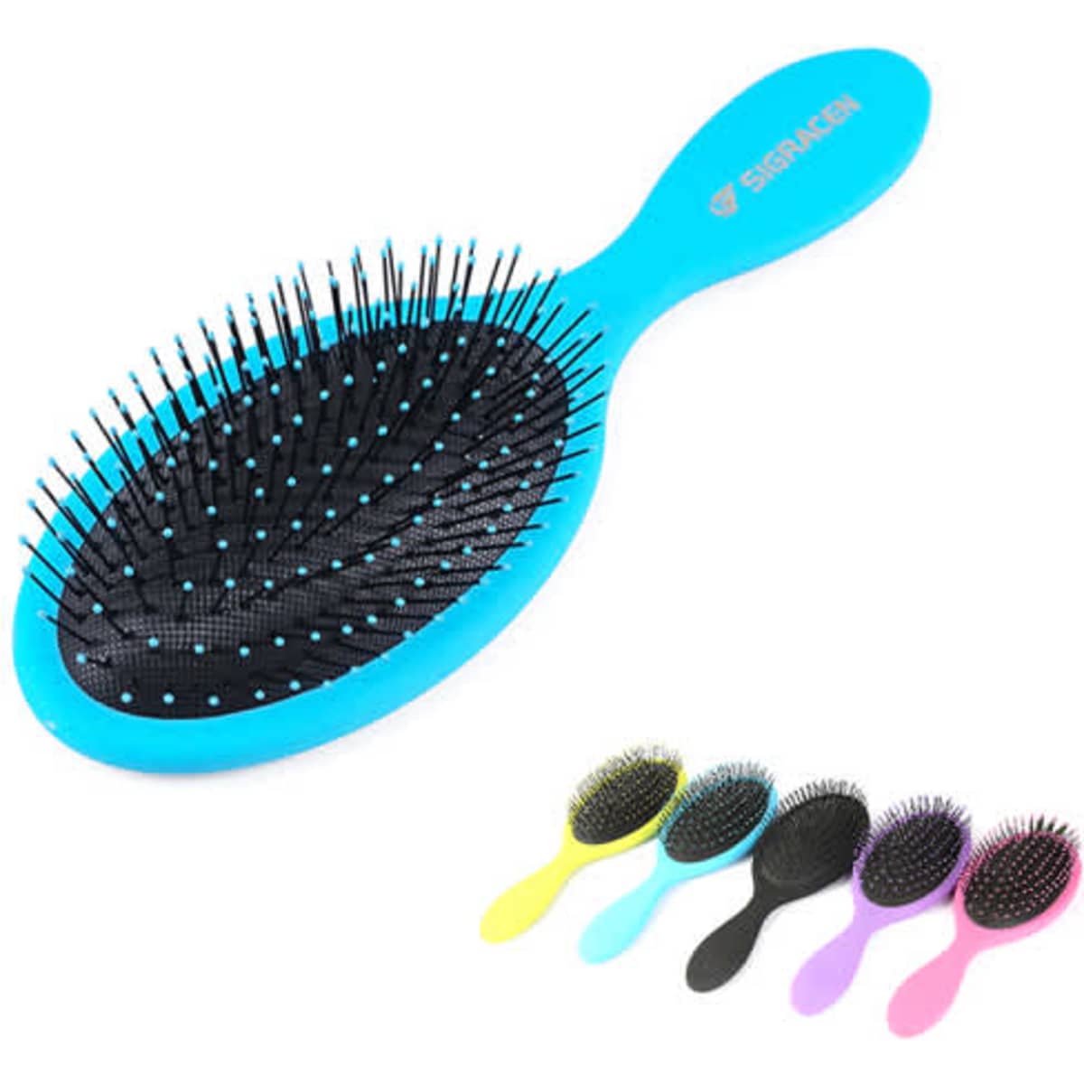 A blue wet hair brush with black bristles and a variety of additional colours displayed below. The product has a logo.