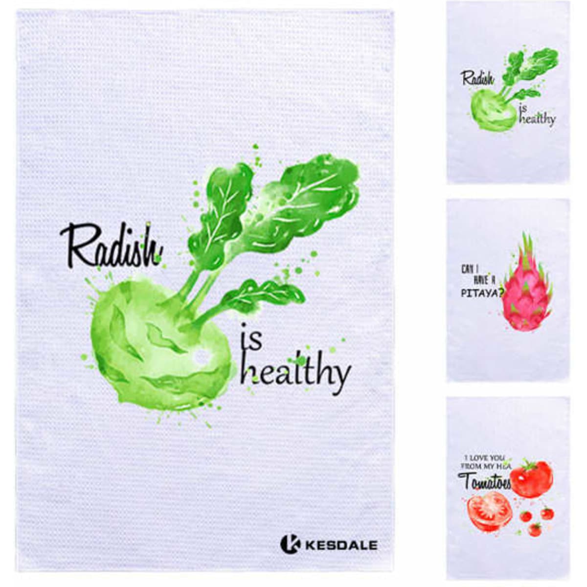 A kitchen towel featuring vibrant illustrations of radishes, pitayas, and tomatoes, with text designs. The towel has a logo.