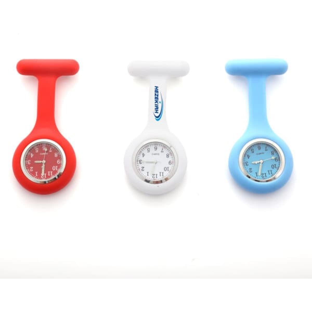 Three silicone pin-on nurse watches in red, white, and blue, featuring round clock faces and simple designs.