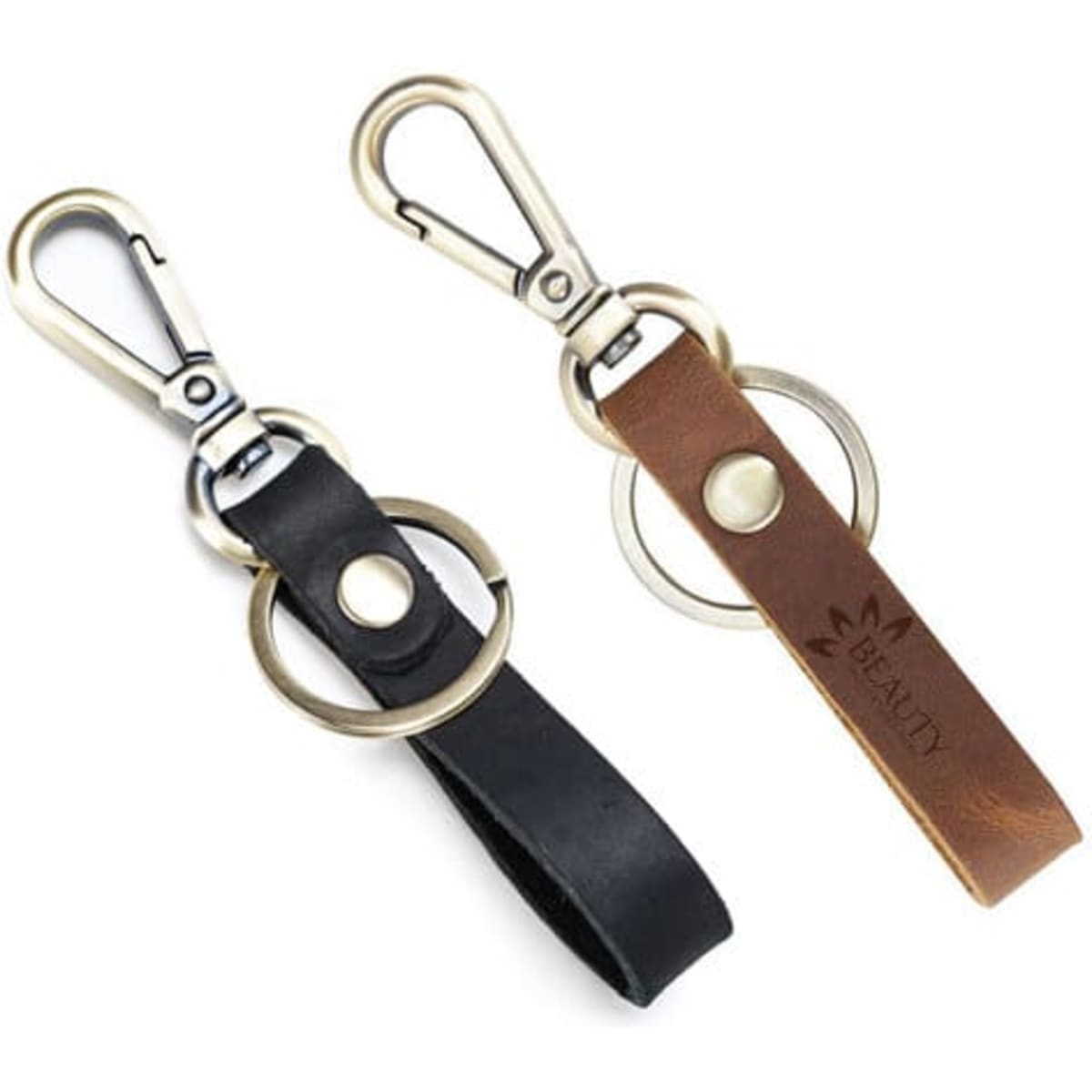 A custom vintage cowhide keychain in black and brown featuring a metal clip and ring. It includes a logo on the leather.