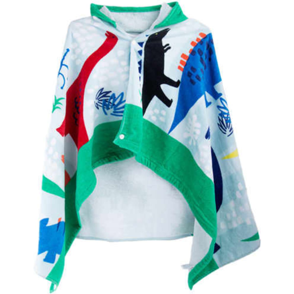 A hooded cotton beach towel featuring colourful dinosaur patterns in blue, green, red, and white, with a green trim.