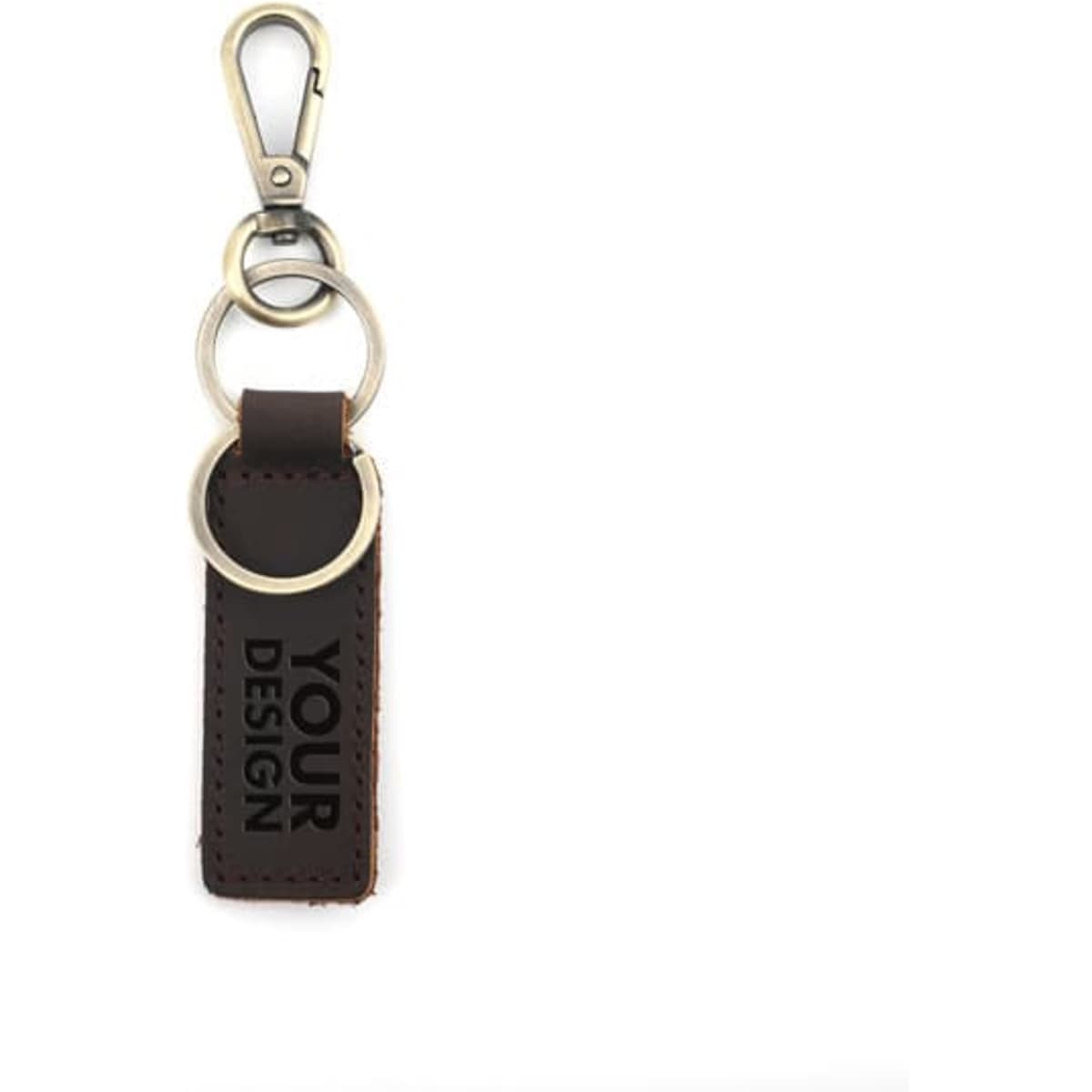 A brown personalised cowhide keychain with a silver lobster clasp and keyring attachment.