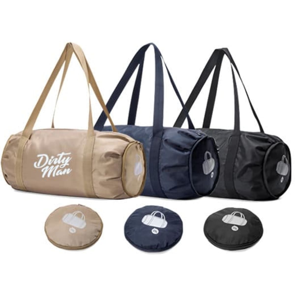 A multifunctional foldable gym bag set in beige, navy, and black, accompanied by matching compact carry pouches.