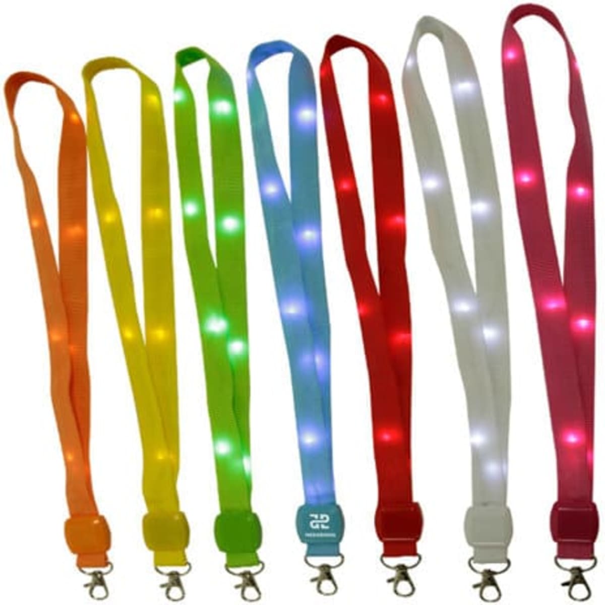 Light-up LED neck lanyards in various colours: yellow, orange, green, blue, red, pink, and white. Features a branding logo.