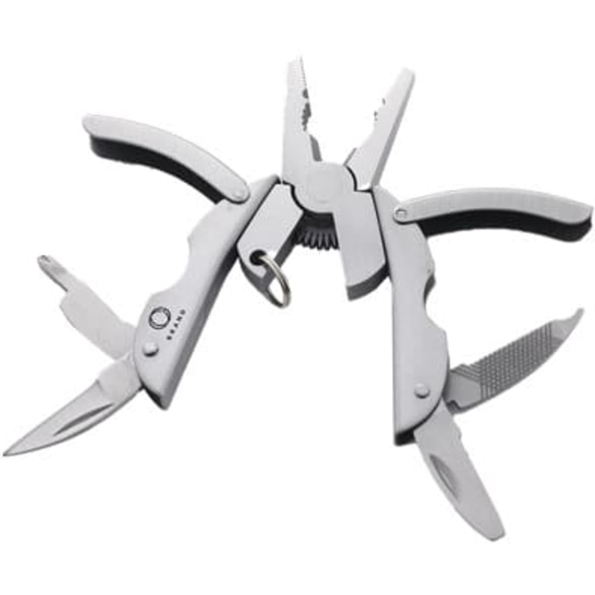 A silver multi-tool plier with various cutting tools and a keyring attachment. Features rubber grips on the handles.