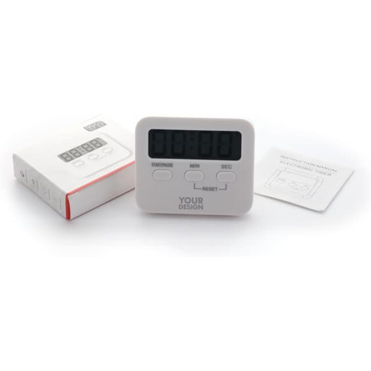 A white digital kitchen timer with a display and buttons, positioned beside its packaging and instruction manual.