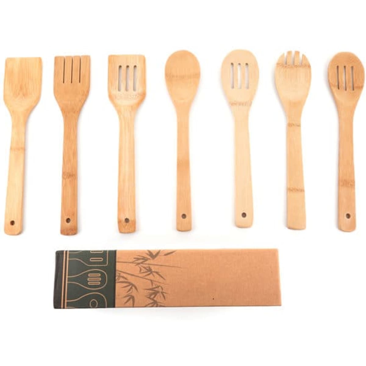 A bamboo kitchen utensil set featuring six utensils in various shapes, packaged in a cardboard box with a logo.