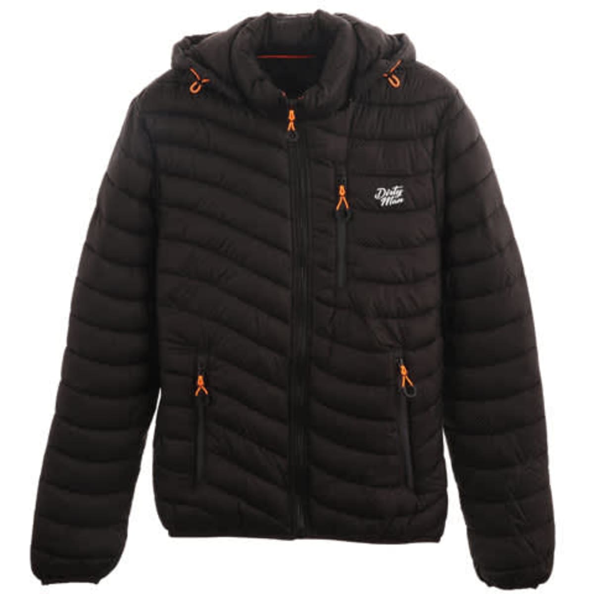 Men's black quilted puffer jacket with a detachable hood and orange zipper details. Features multiple front pockets and a logo.