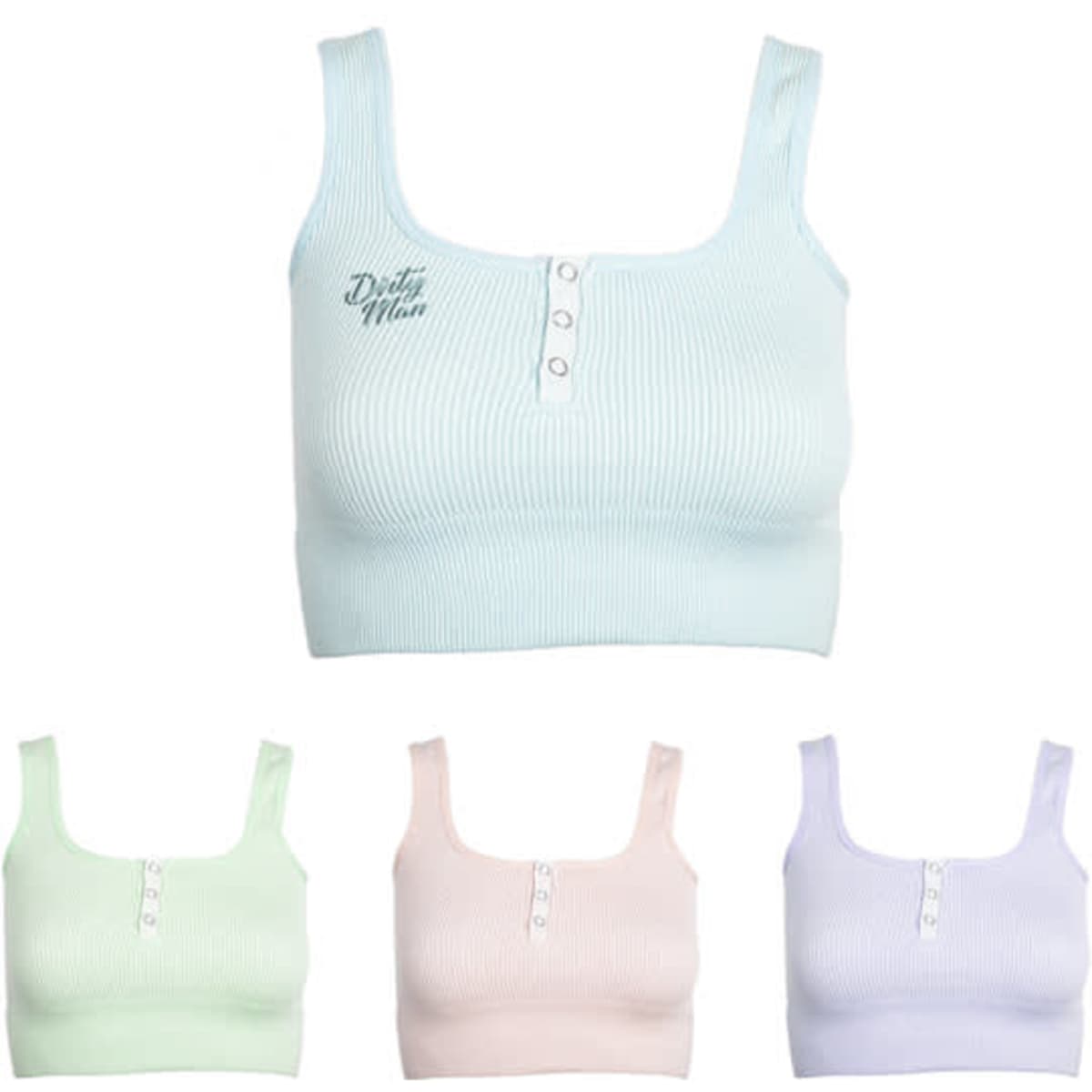 A women's cropped tank top in pastel shades of green, blue, pink, and purple with a logo and button detail.