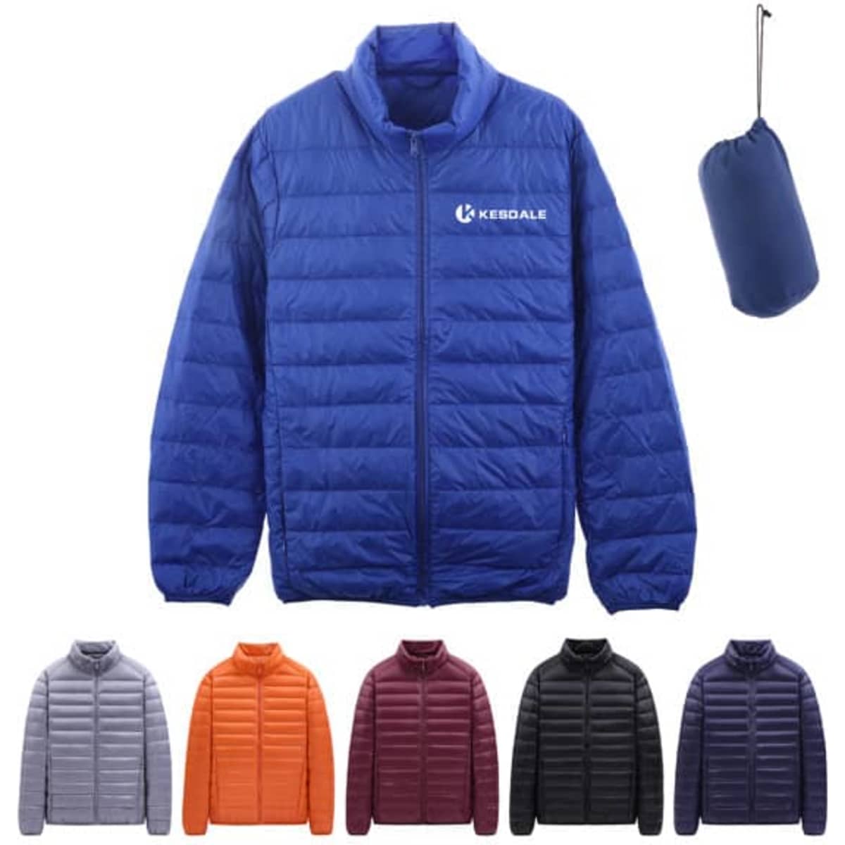 A men's packable light stand collar down jacket in blue, featuring multiple colour options and a carry pouch.