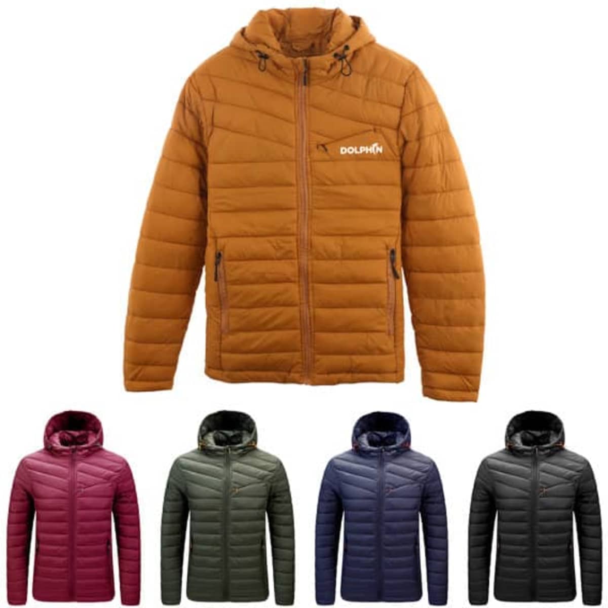 A hooded puffer jacket in rust colour, accompanied by maroon, green, navy, and black variants. Features a logo.