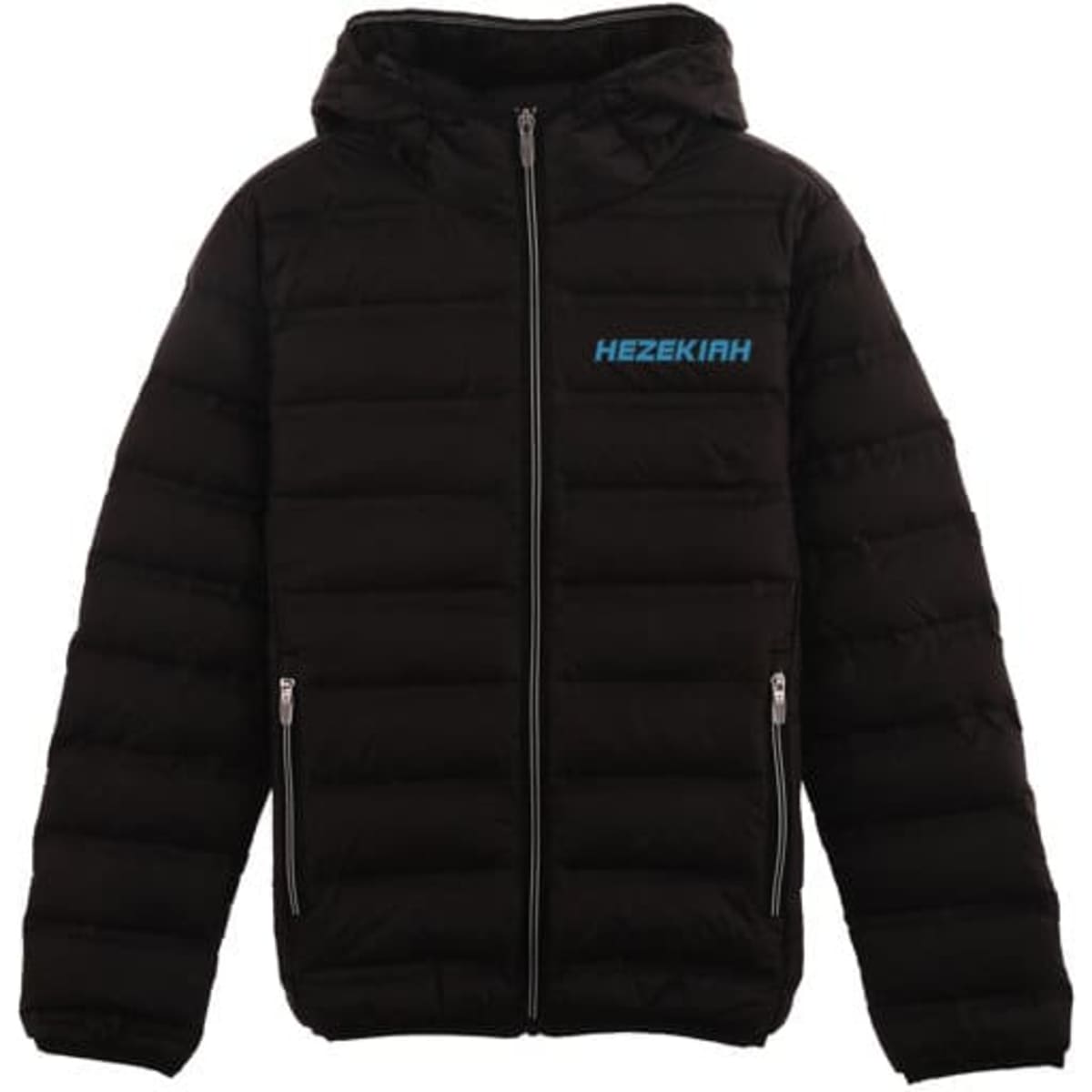 A black women's light down jacket with a hood, featuring a front zipper and side pockets. It has a logo on the chest.