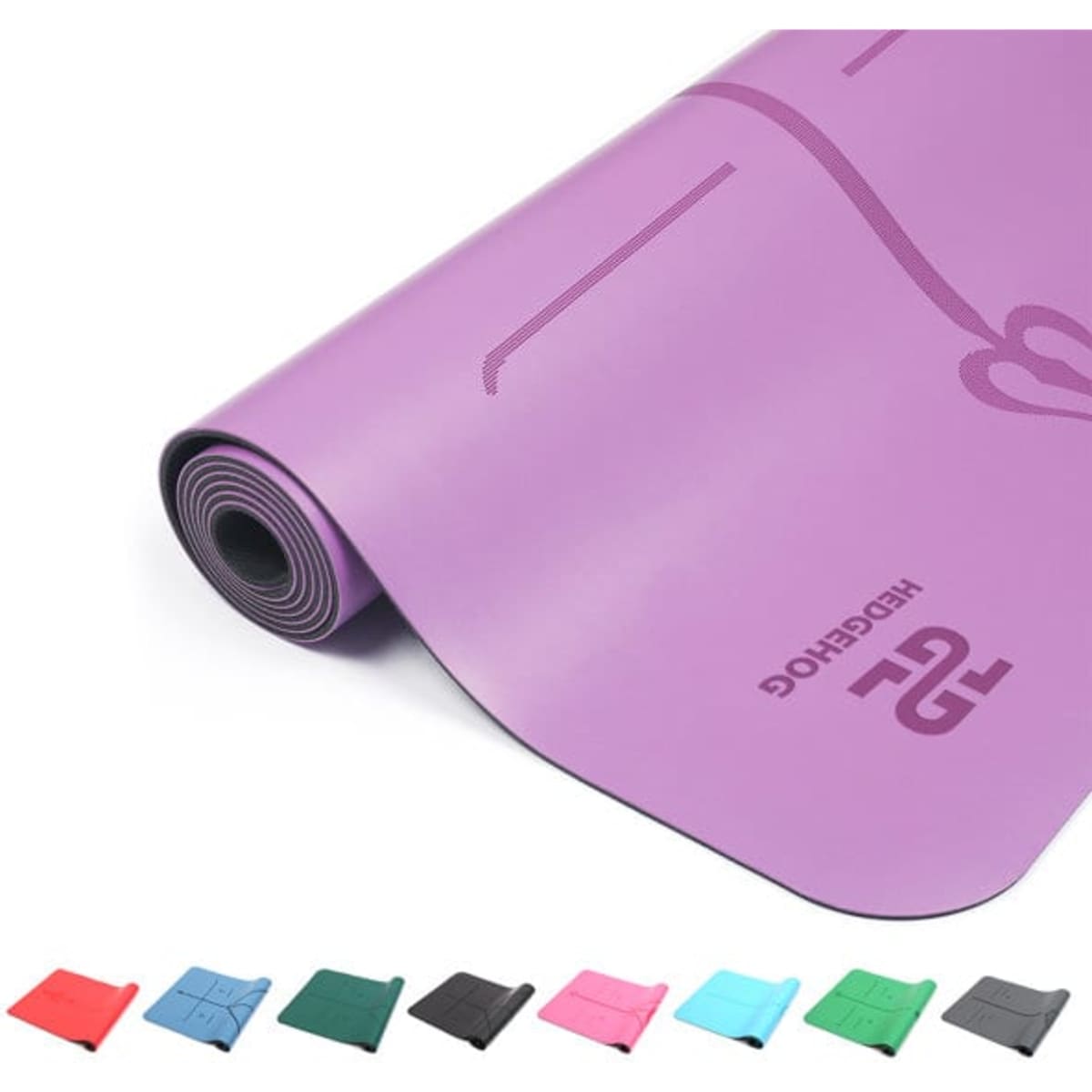 A purple custom PU yoga mat lies rolled up, featuring various colours available alongside. The mat includes a logo.