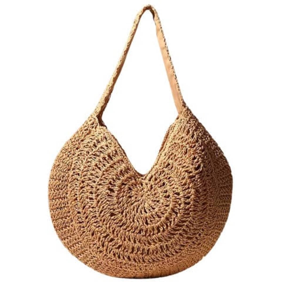 A woven straw tote bag in natural tones with a circular shape and a single shoulder strap.