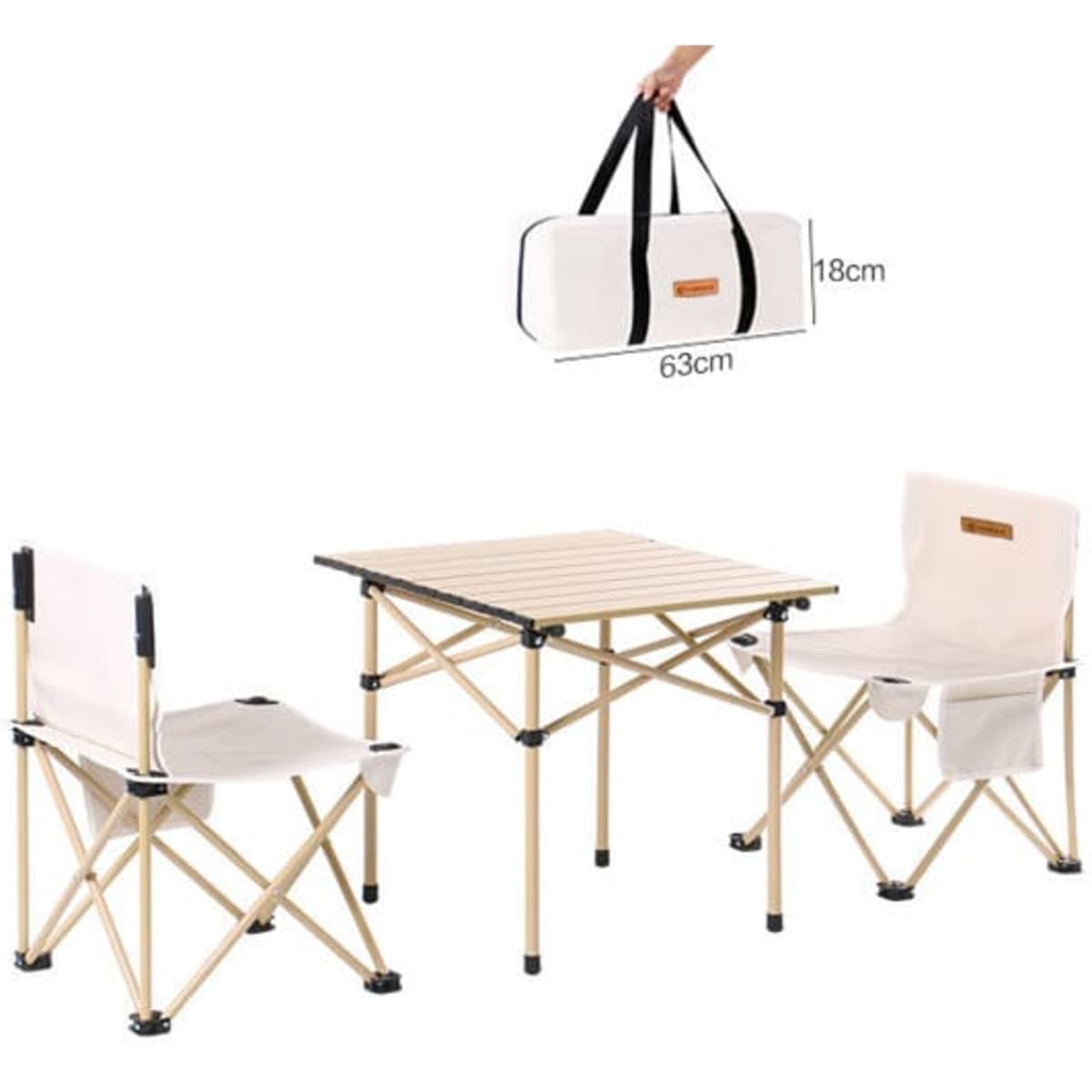 A folding camping table and two chairs in cream, with a carrying bag for easy transport.