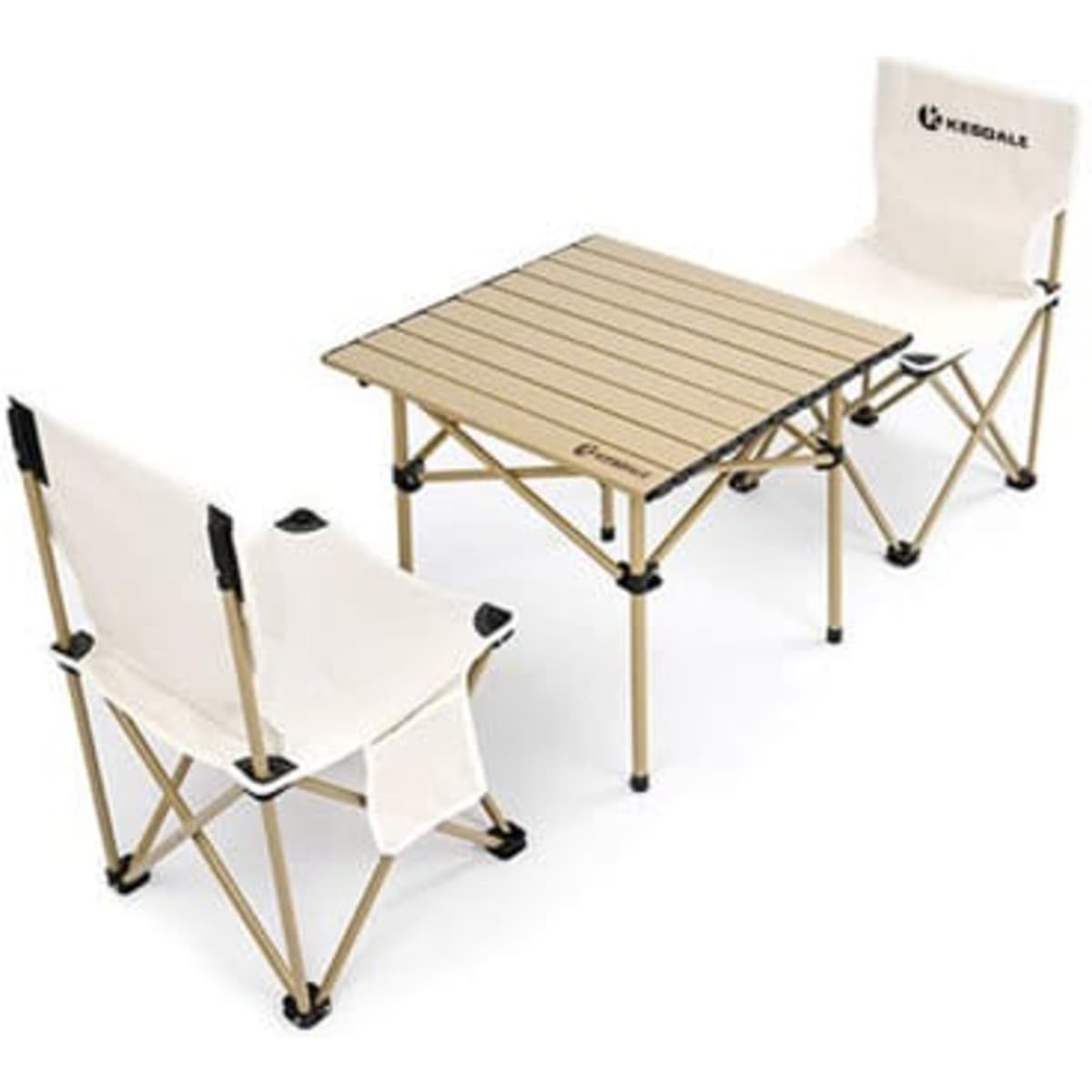 A folding camping table and two chairs set in beige and white, featuring a logo on the chair.