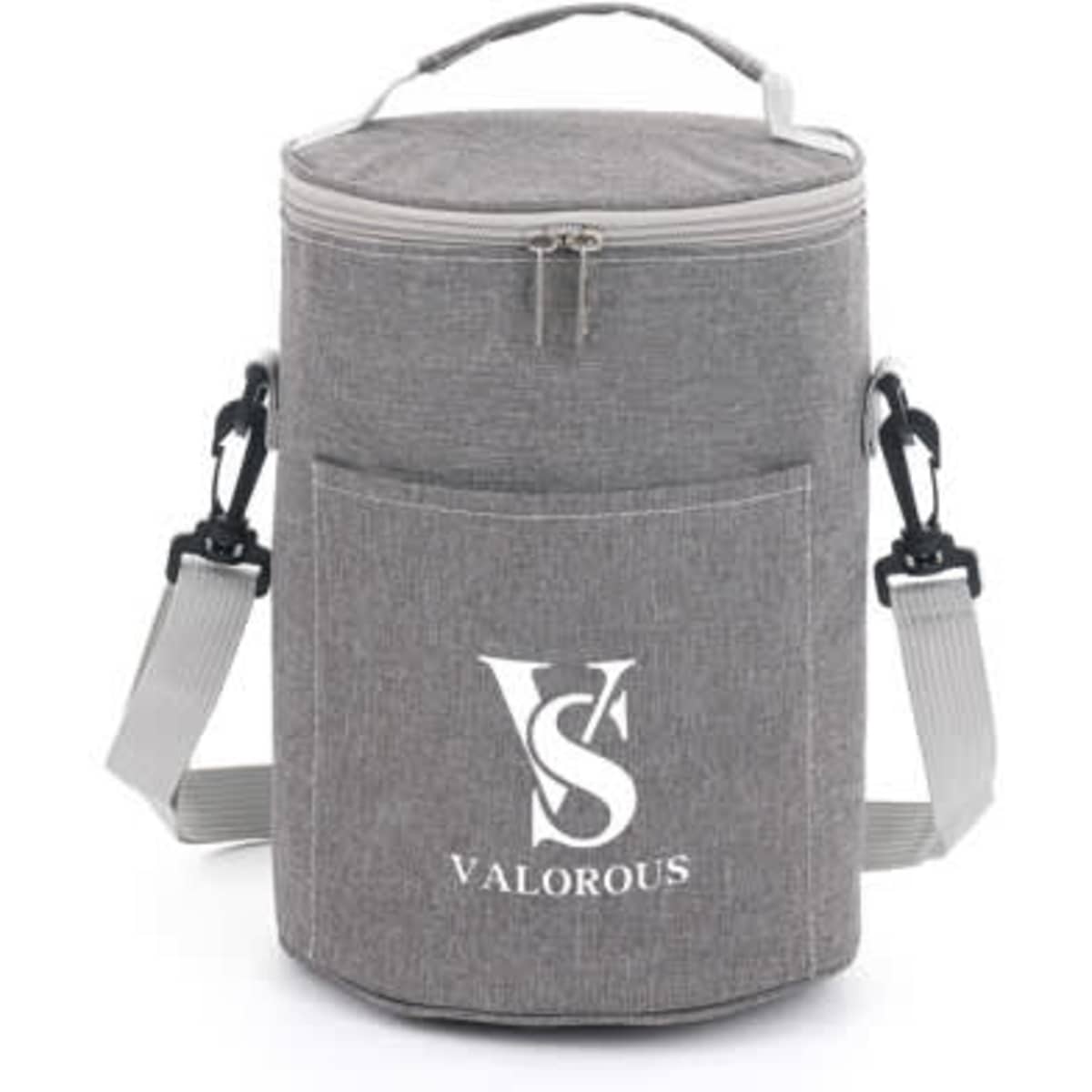 A grey insulated round portable bento bag with a shoulder strap and a front pocket, featuring a logo.