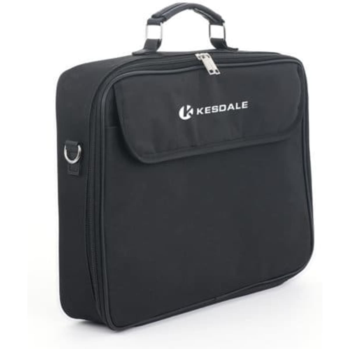 A black laptop bag with a handle, featuring a front pocket and a logo. Suitable for carrying laptops and essentials.