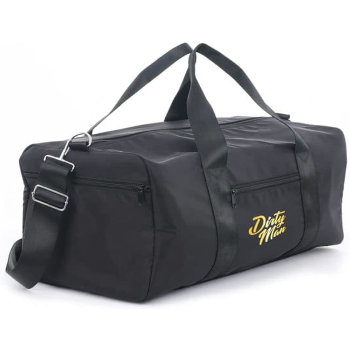 A black duffel bag with a shoulder strap, featuring zippered pockets and a logo.