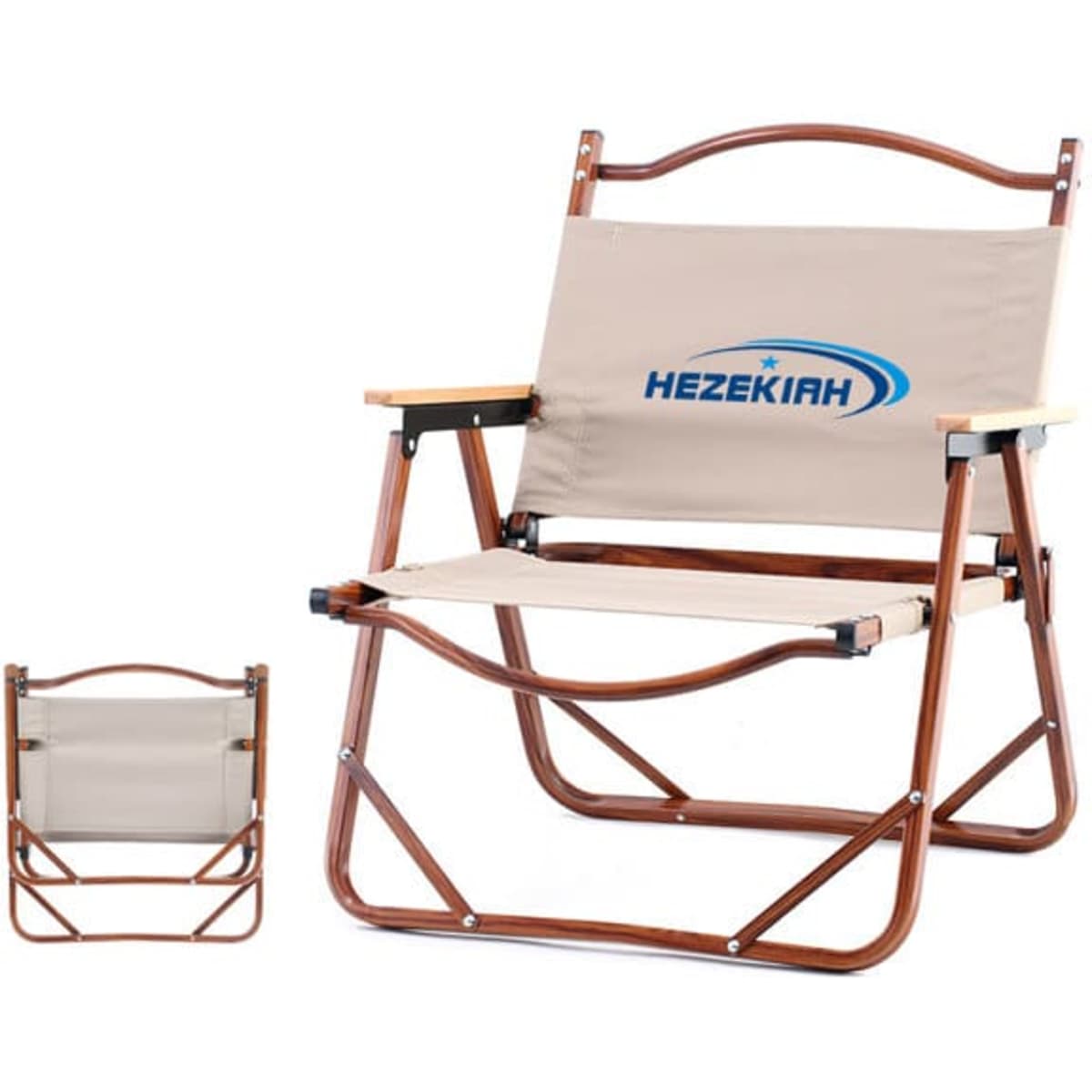 A tan folding chair with wood accents and a logo, shown in both upright and folded positions.