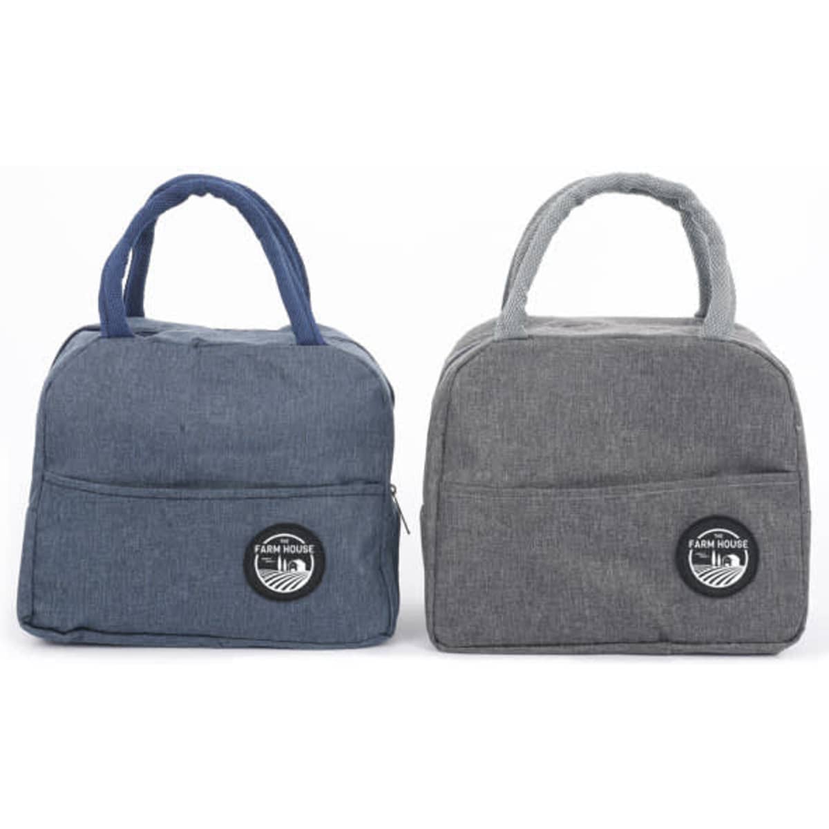 Two insulated lunch bags in navy blue and grey, each featuring a round logo and two sturdy handles.