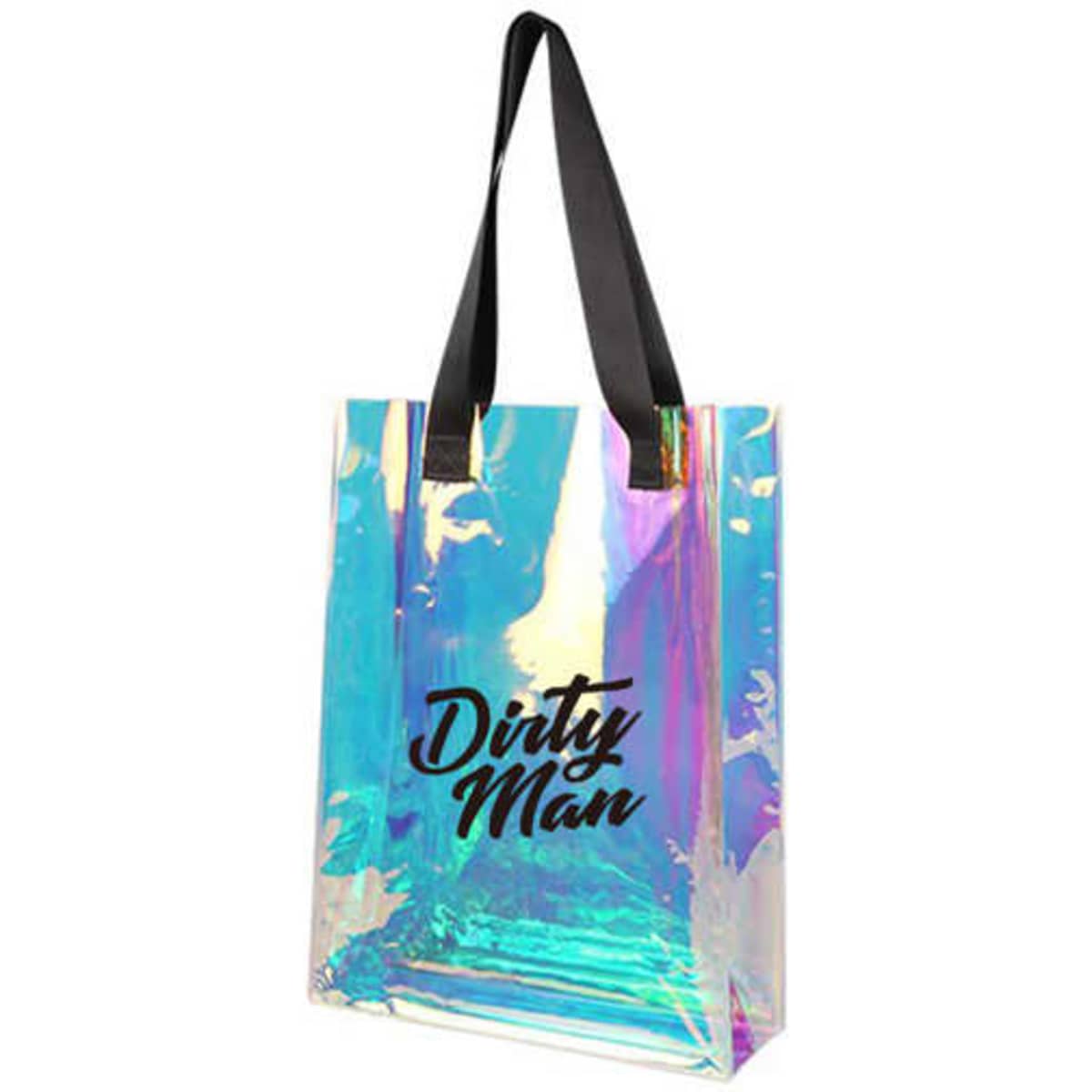 An iridescent tote bag with black straps and a logo present on the front.