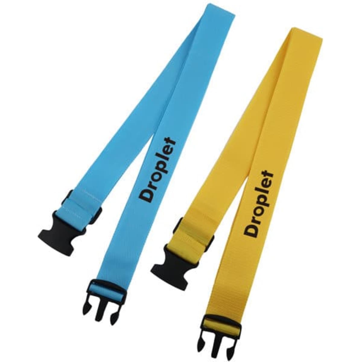 Two luggage straps in blue and yellow with black clips and a logo.