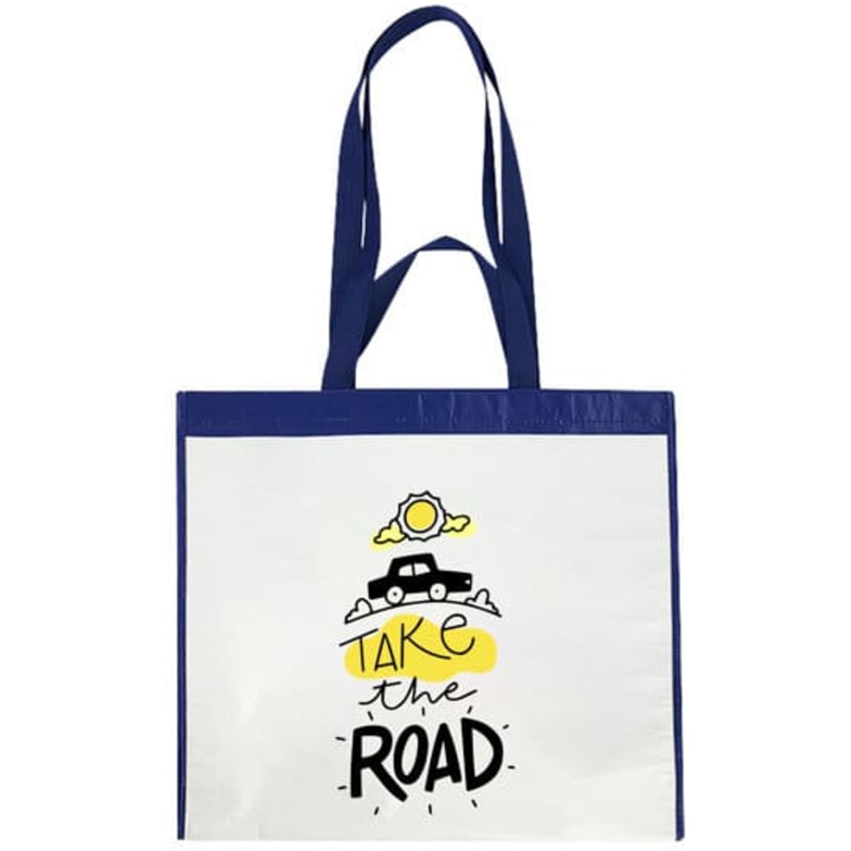 A white RPET non-woven tote bag with blue straps and a graphic featuring a car, sun, and text.
