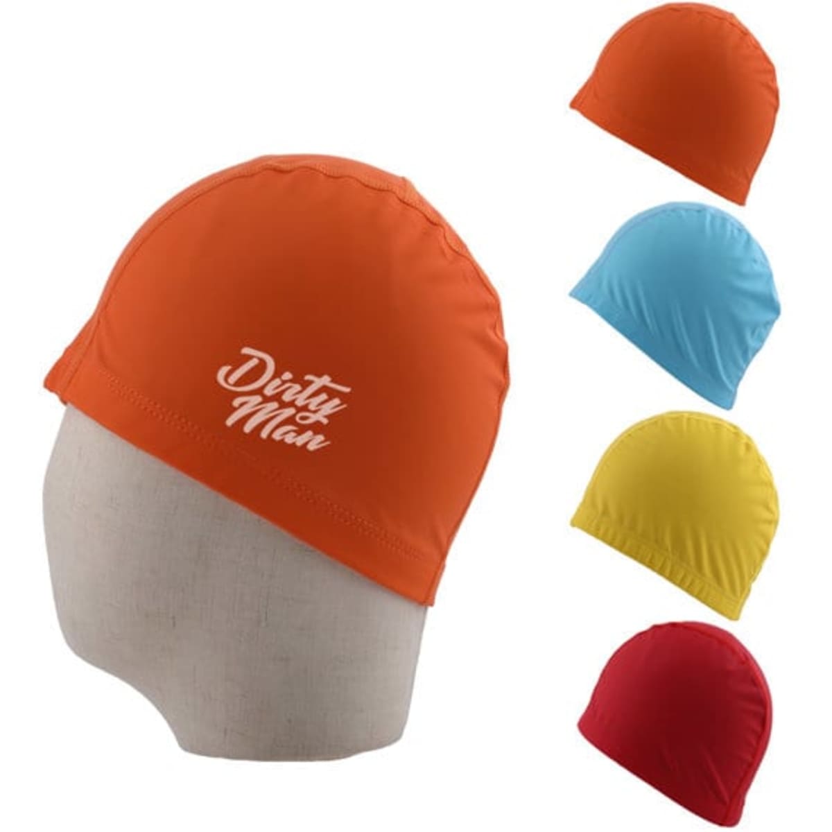 A swimming cap displayed in orange, blue, yellow, and red, featuring a logo on the orange cap.