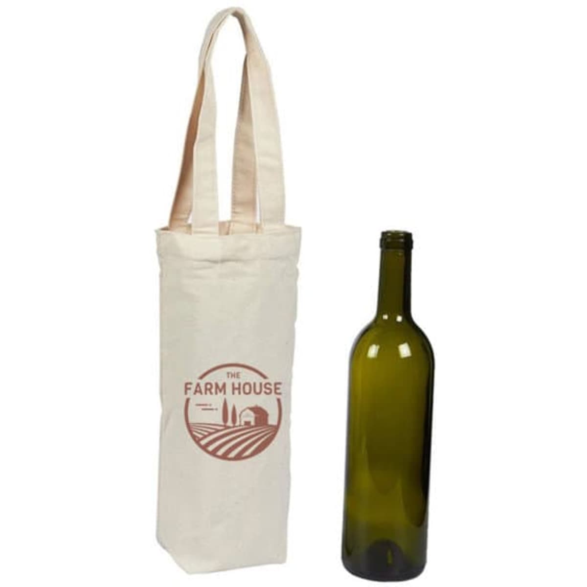 A drink bottle stands next to a cream canvas wine tote bag with a logo. The bag features long handles for easy carrying.