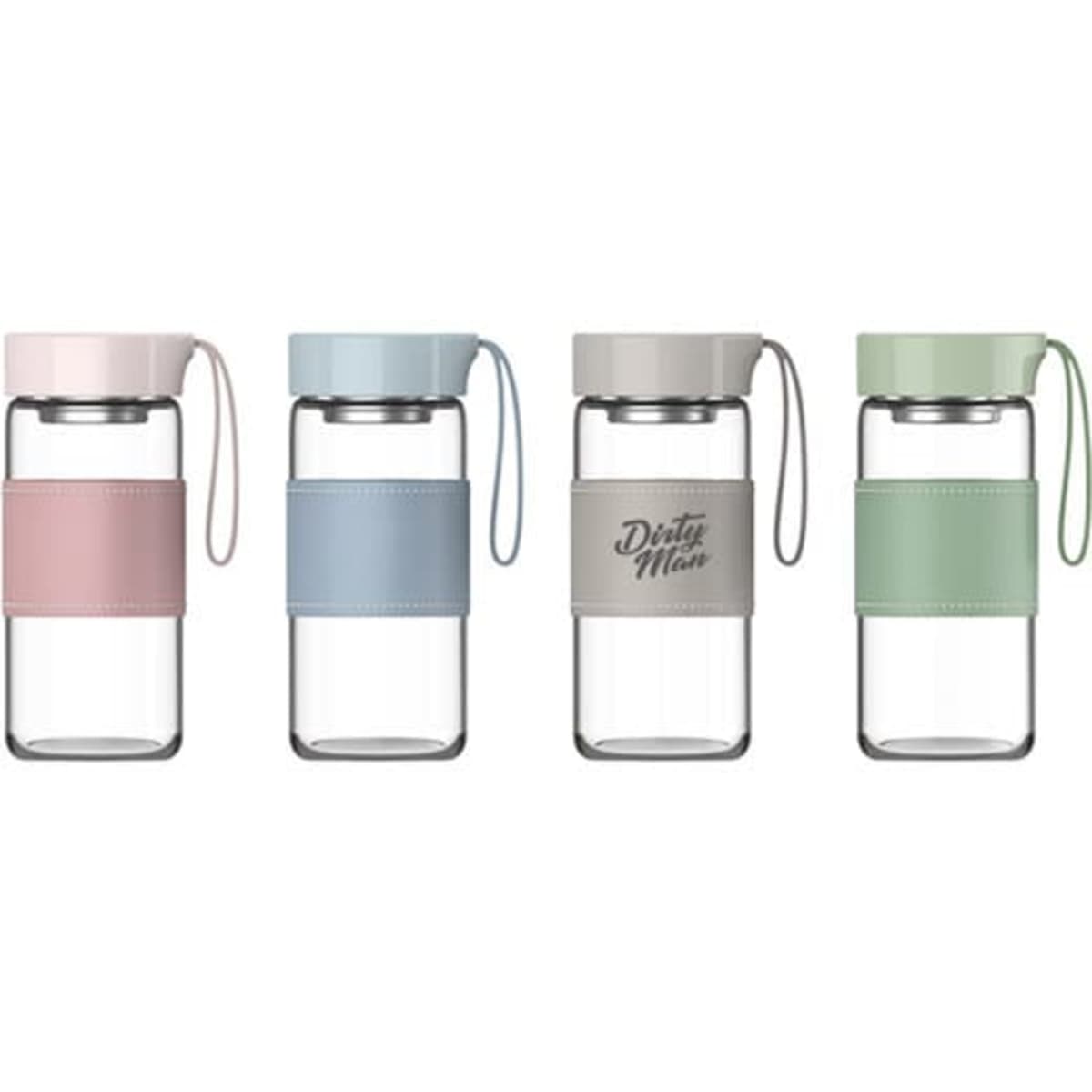 A drink bottle set featuring four borosilicate glass options in pastel pink, blue, green, and grey with protective sleeves and lids.